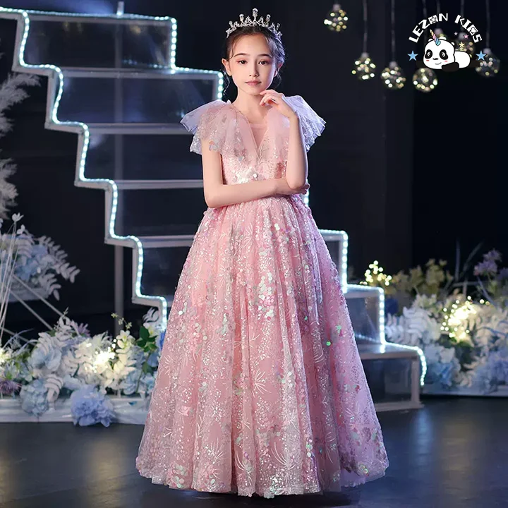 LEZONKIDS - 2022 New Little Girl Show Poncho Evening Dress for Children Spring Summer Evening Dress for Children Blue